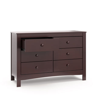 espresso 6 drawer dresser with open drawer