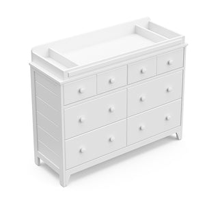 Front view of white 6 drawer dresser with changing topper