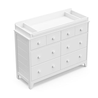 Front view of white 6 drawer dresser with changing topper