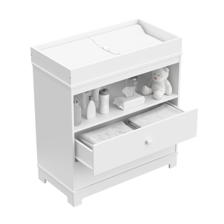 white chest with changing topper with one open drawer