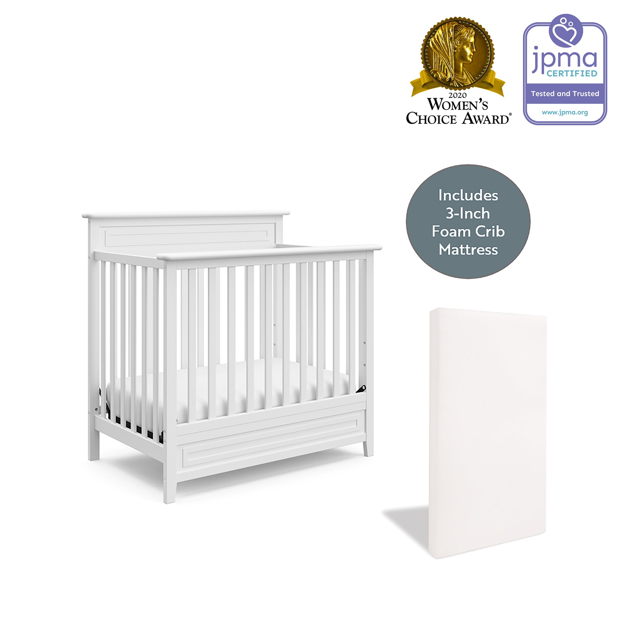 white mini crib with mattress graphic