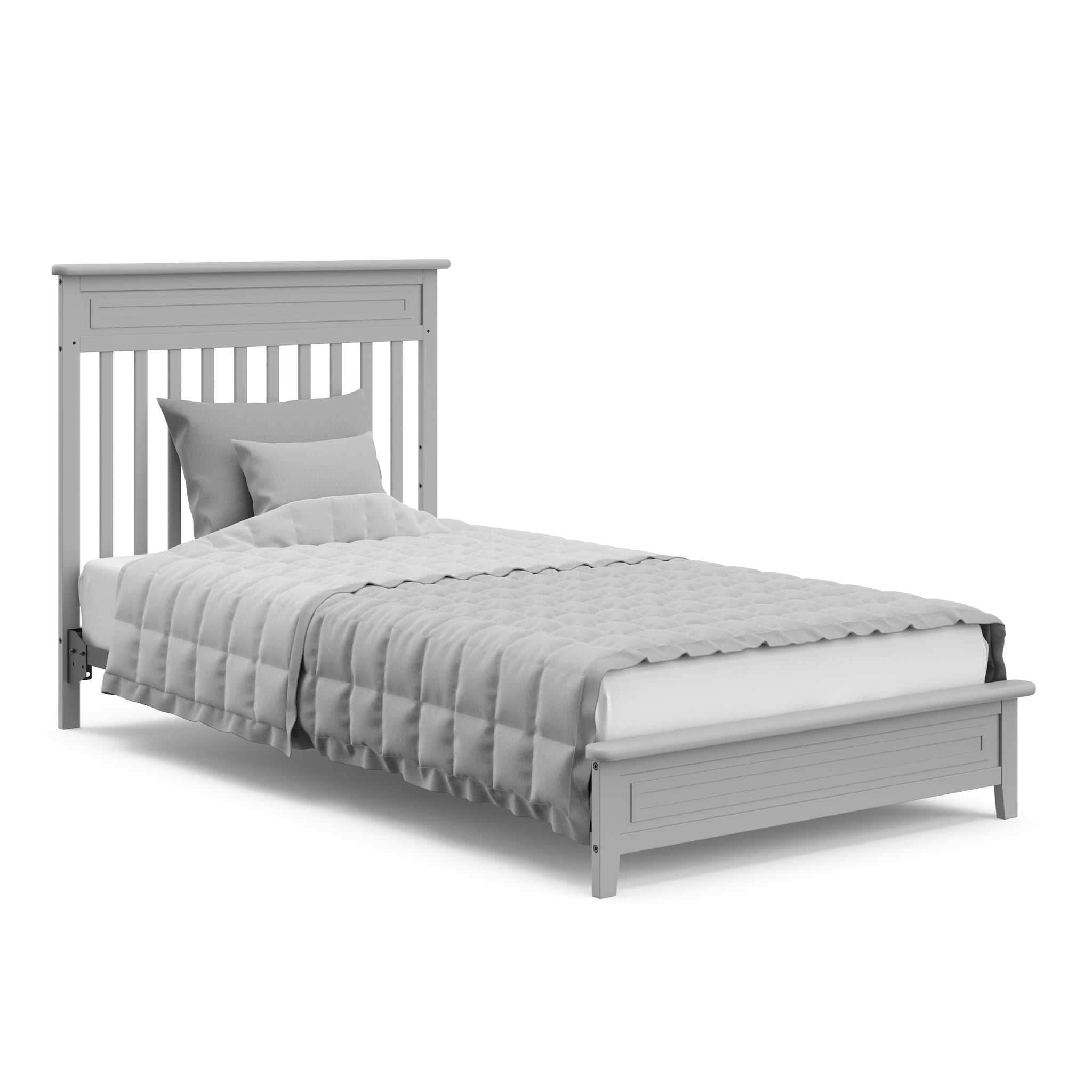 pebble gray crib in full-size bed conversion with headboard
