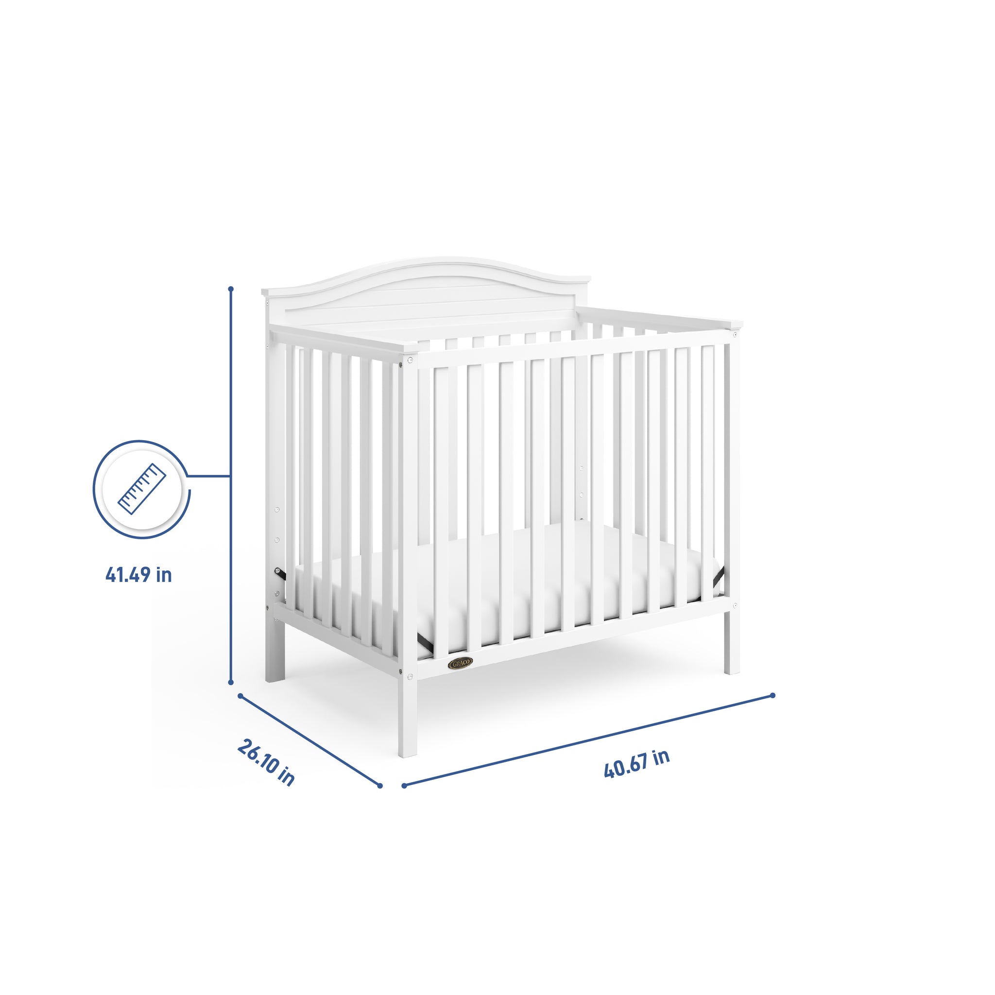 White crib dimensions graphic