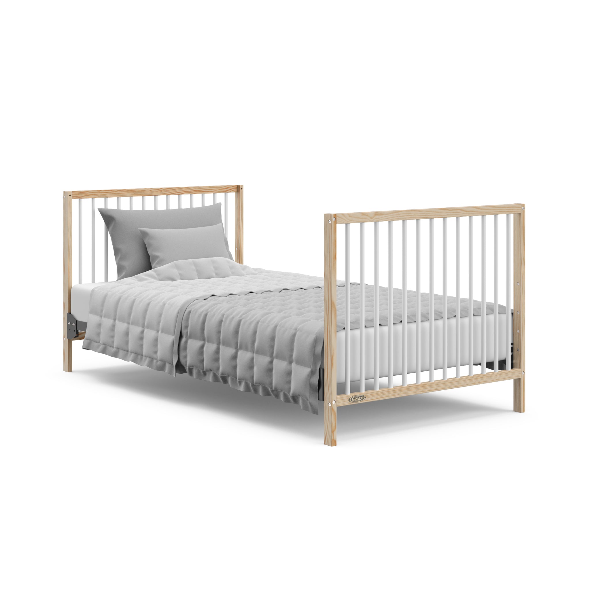 Natural with white mini crib in full-size bed conversion with headboard and footboard