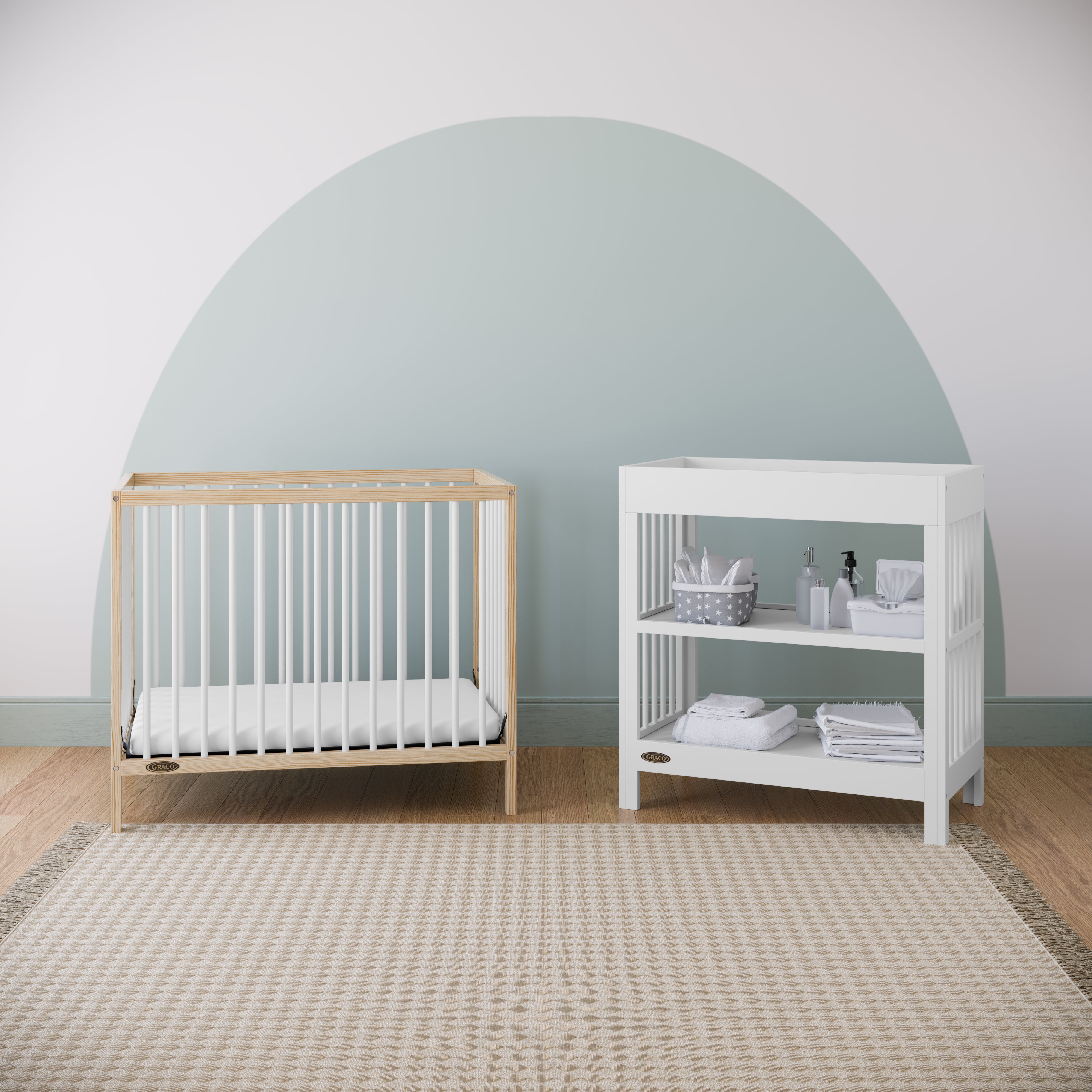 Graco® Teddi® 4-in-1 Convertible Mini Crib with Bonus Water-Resistant Mattress.