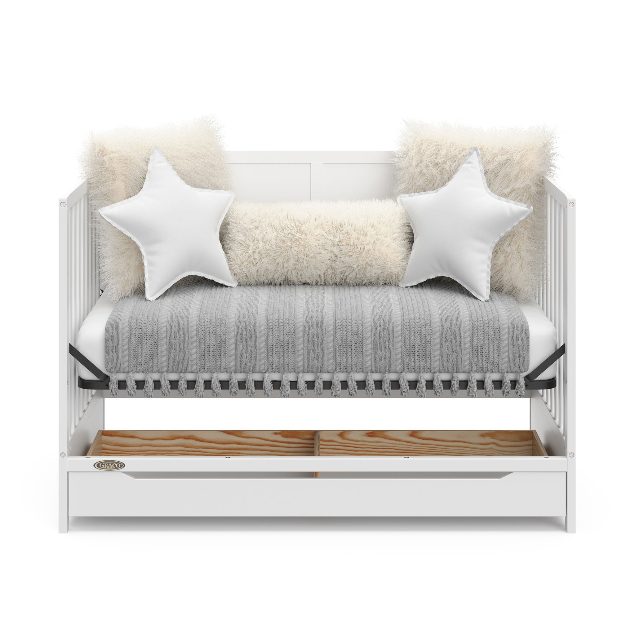 white crib with drawer in daybed conversion