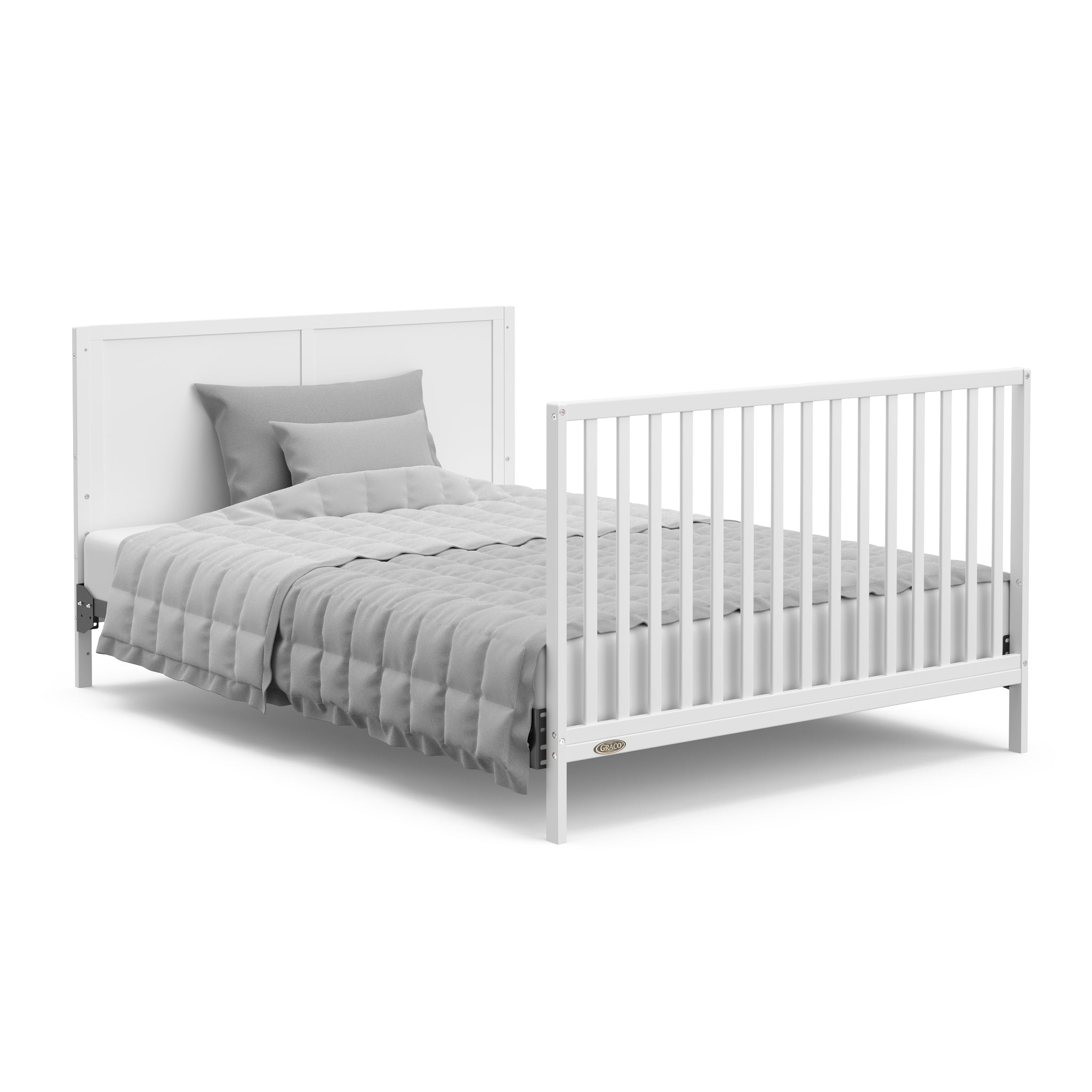 white crib with drawer in full-size bed conversion with headboard and footboard