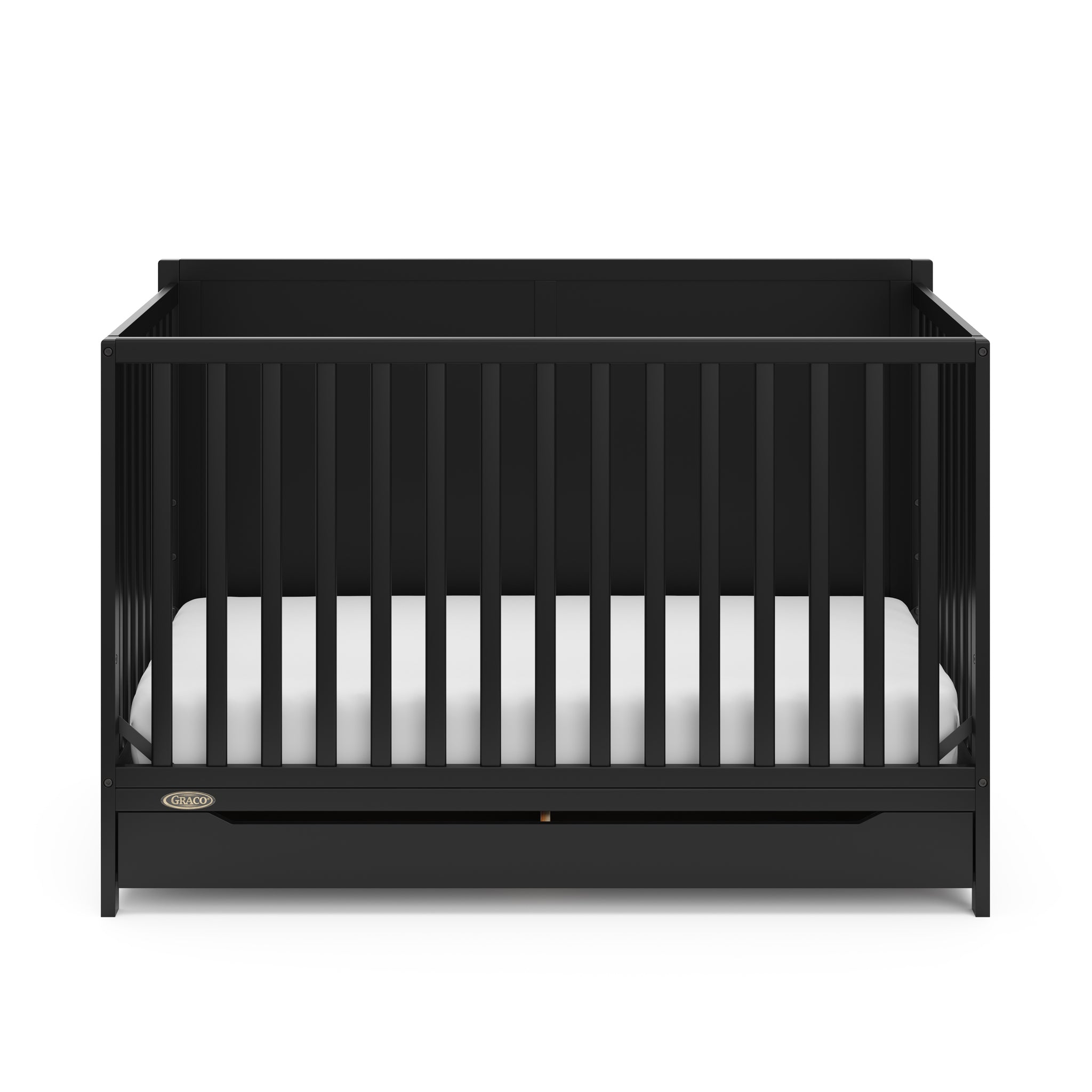 front view of black crib with drawer
