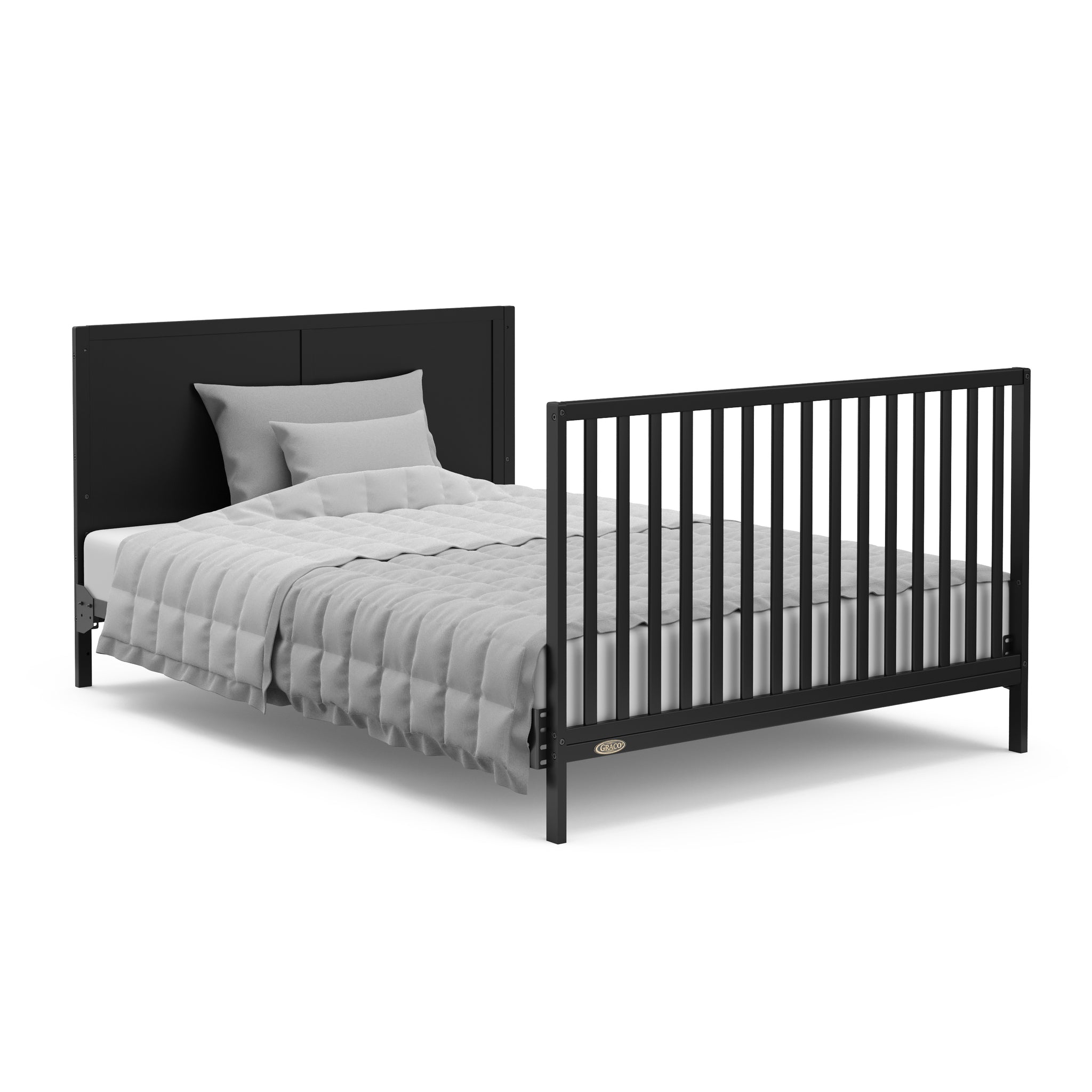 black crib with drawer in full-size bed with headboard and footboard