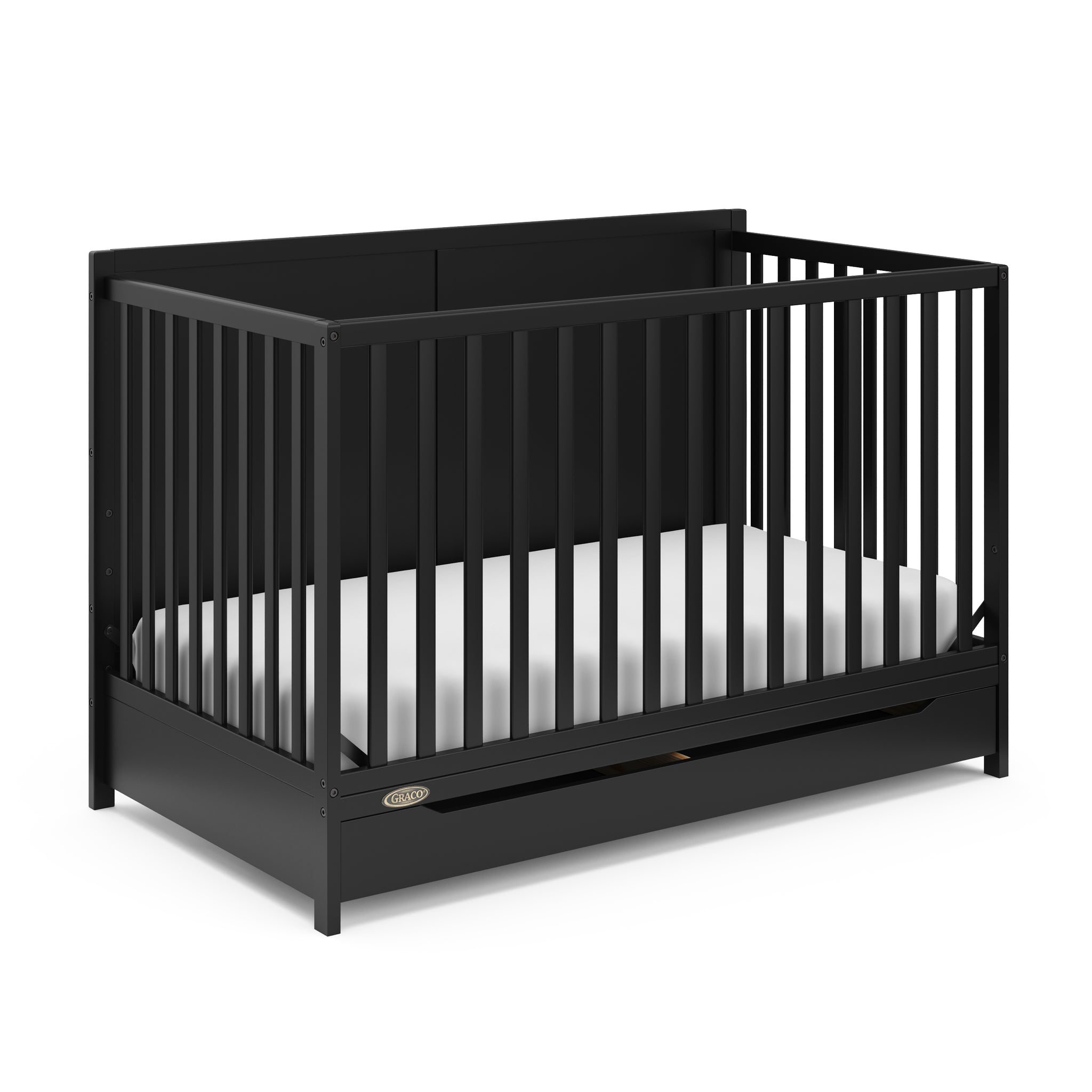 black crib with drawer angled view