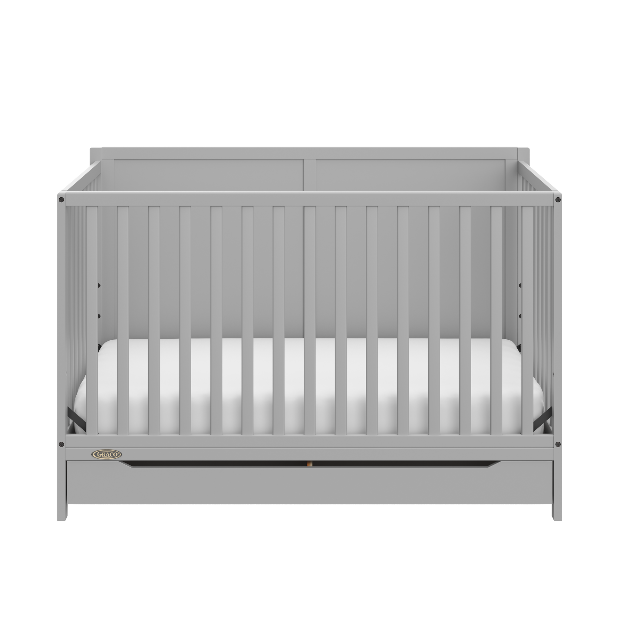 front view of pebble gray crib with drawer