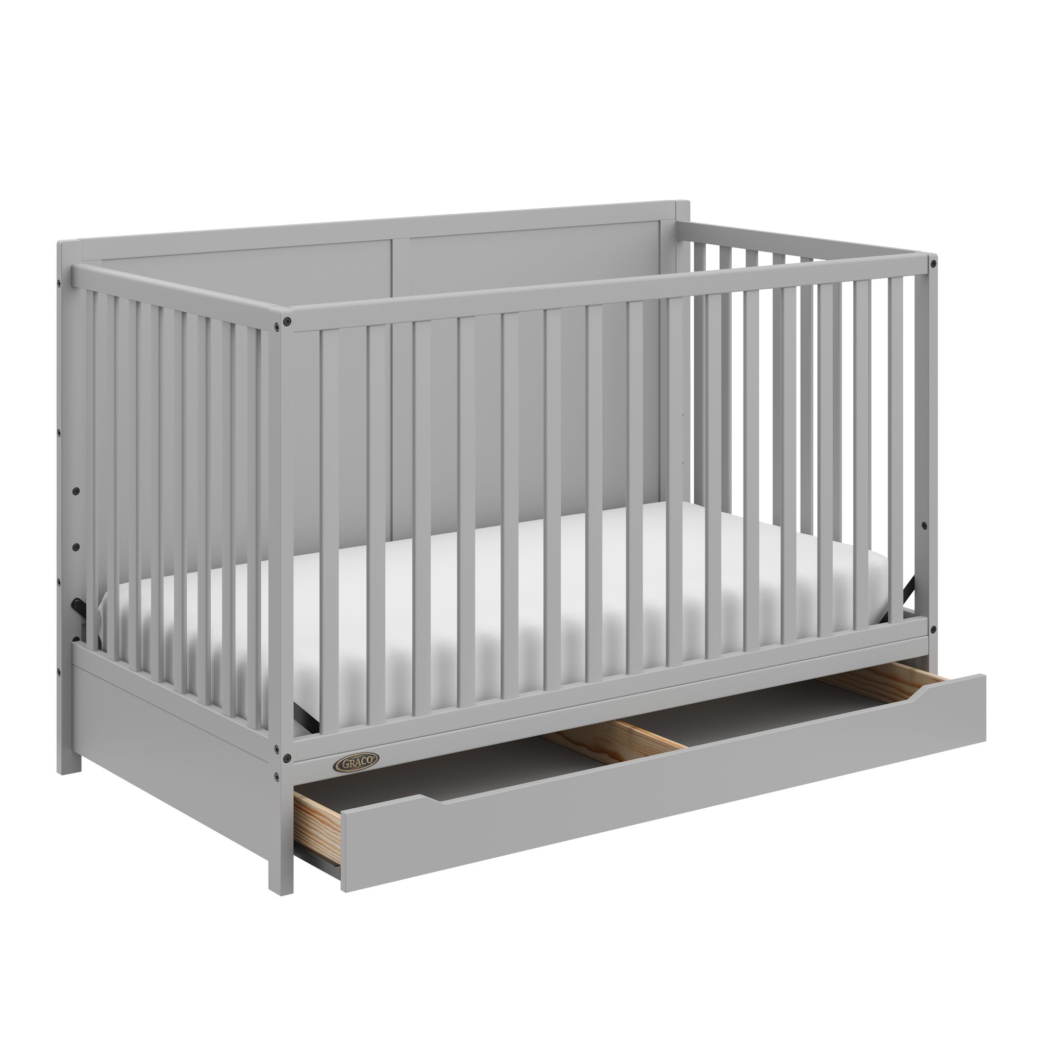 pebble gray crib with open drawer