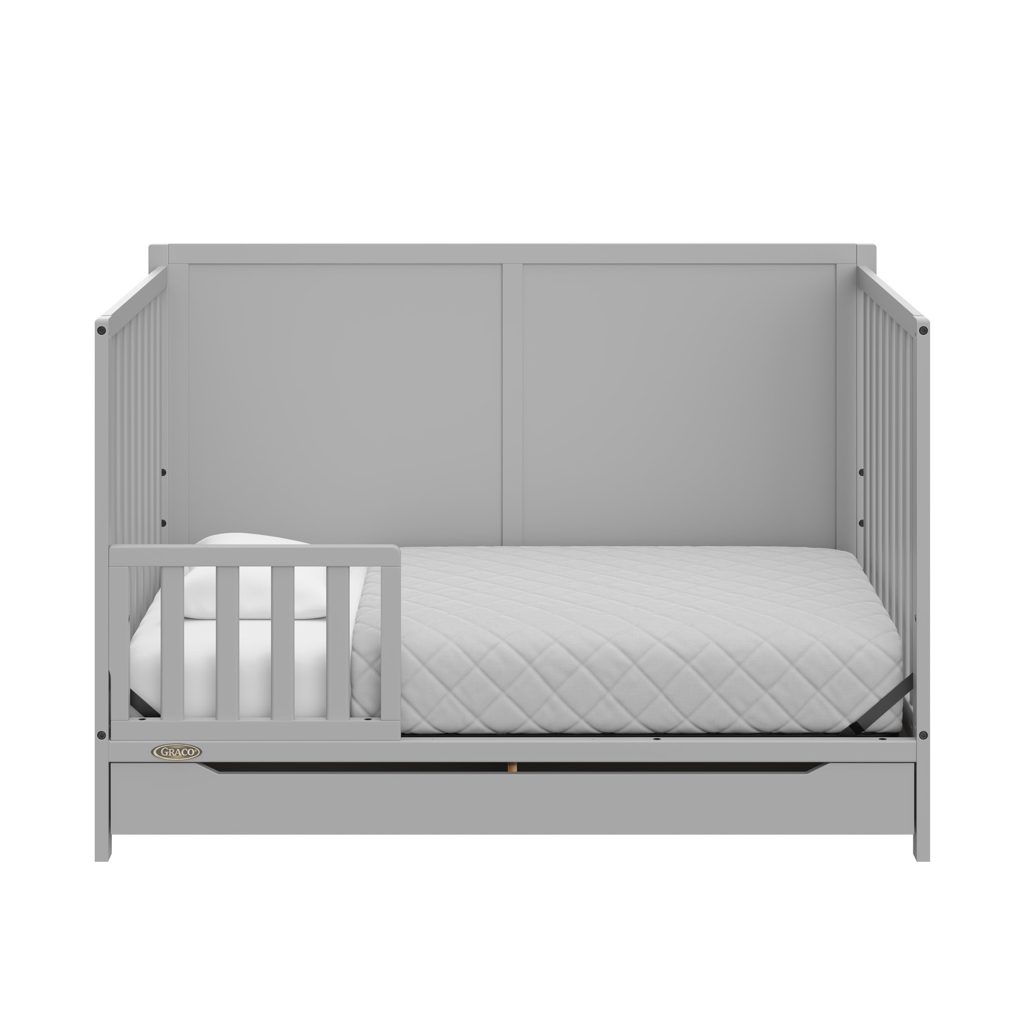 pebble gray crib with drawer in toddler bed conversion with one toddler safety guardrail