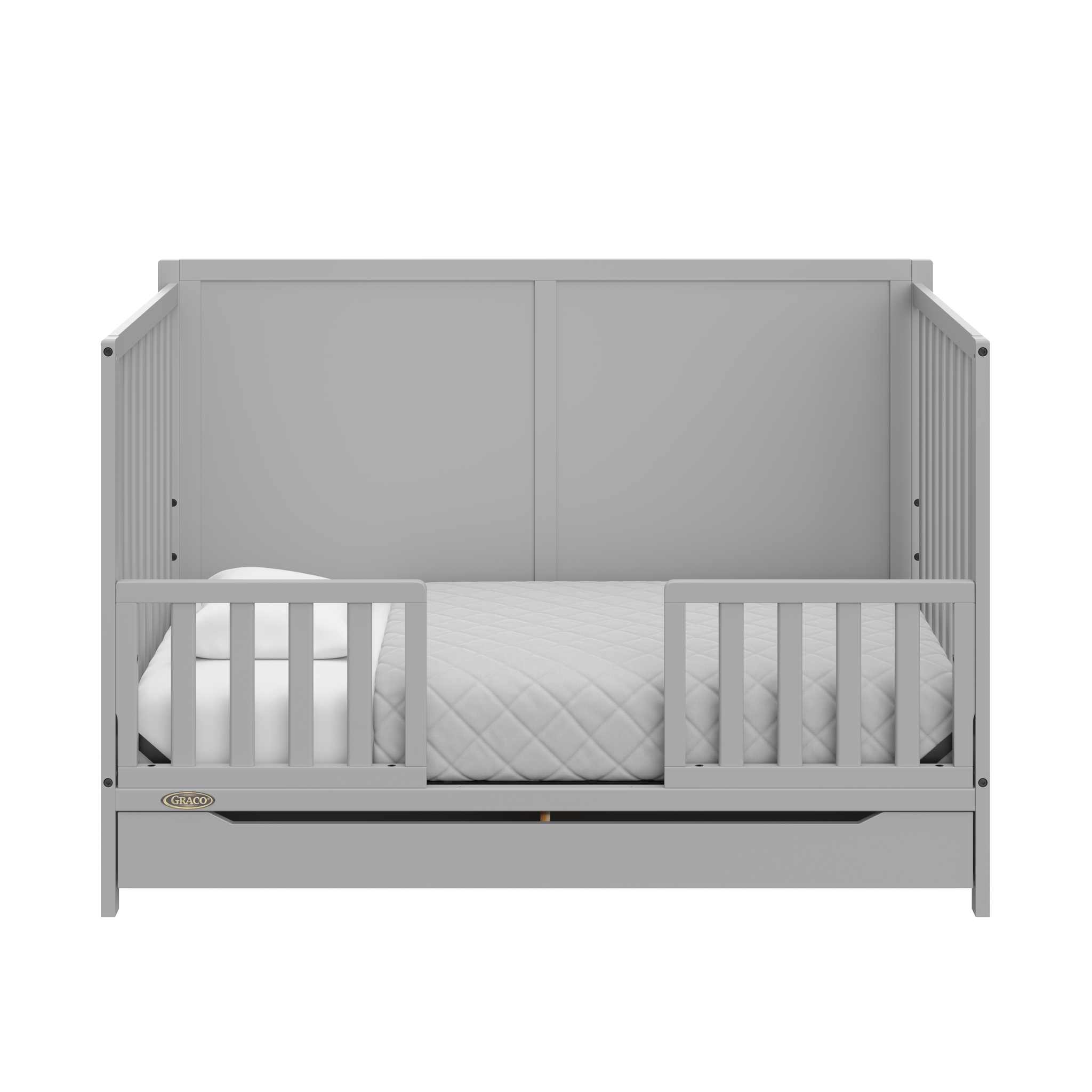 pebble gray crib with drawer in toddler bed conversion with two toddler safety guardrail