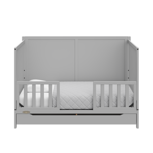 pebble gray crib with drawer in toddler bed conversion with two toddler safety guardrail