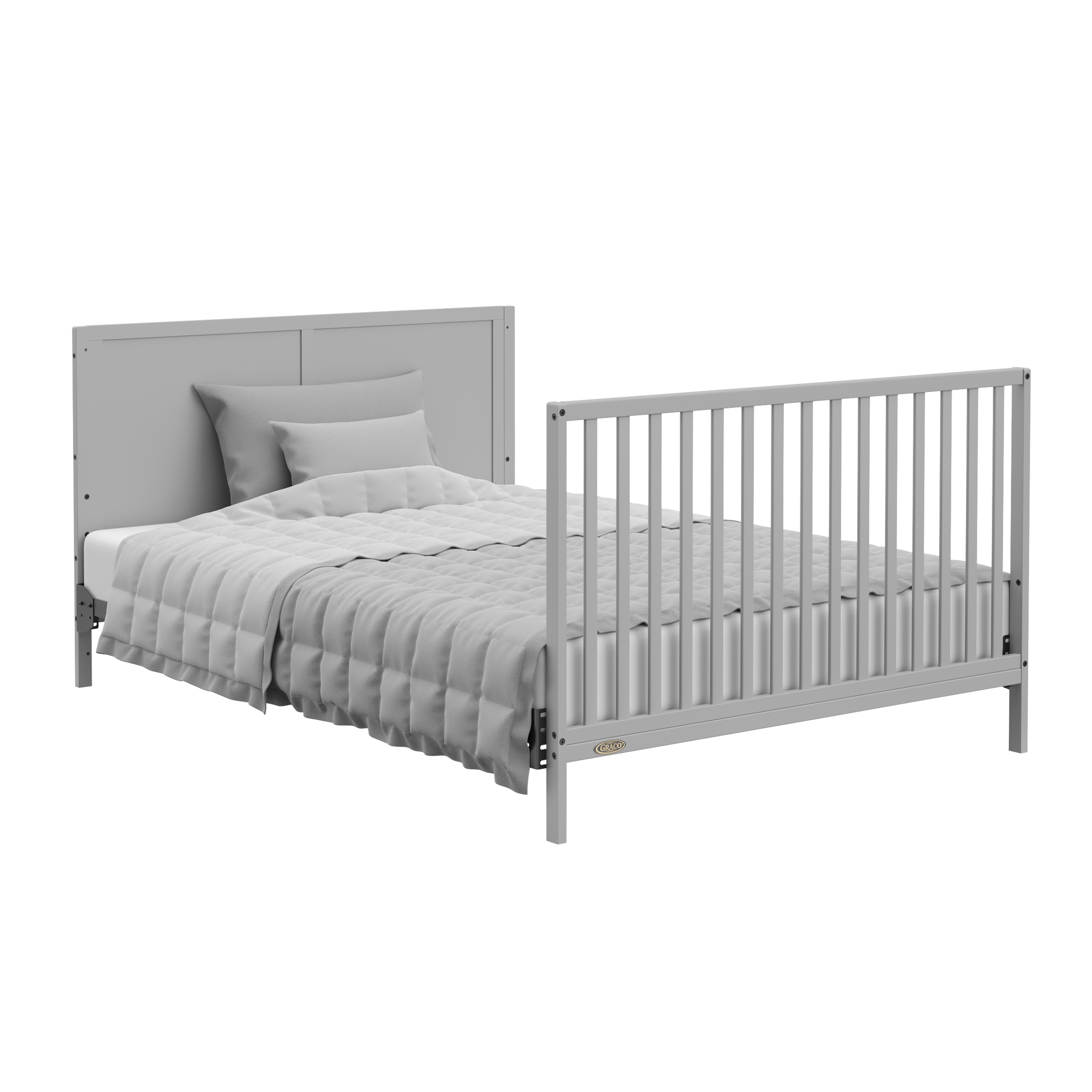 pebble gray crib in full-size bed with headboard and footboard conversion