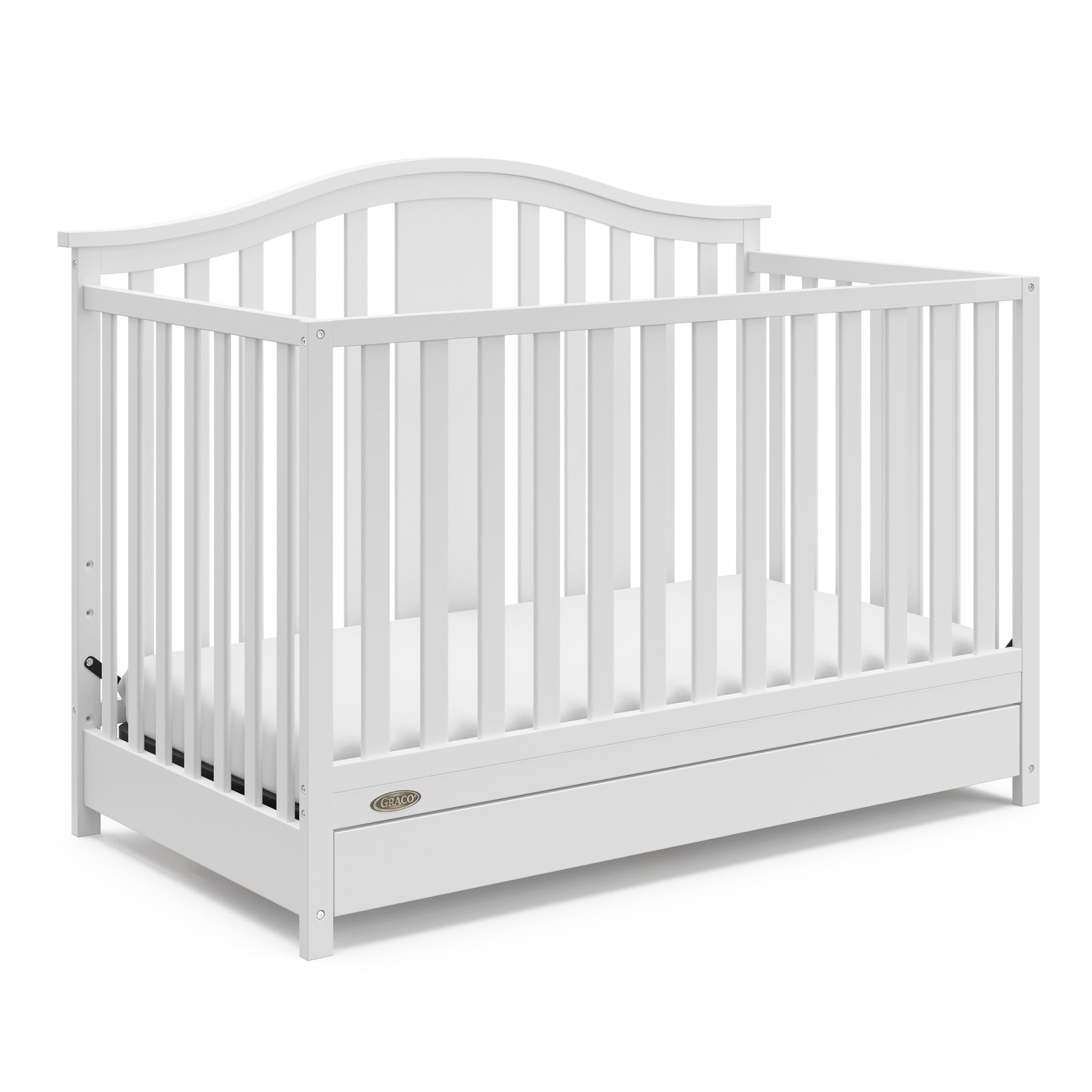 White crib with drawer angled