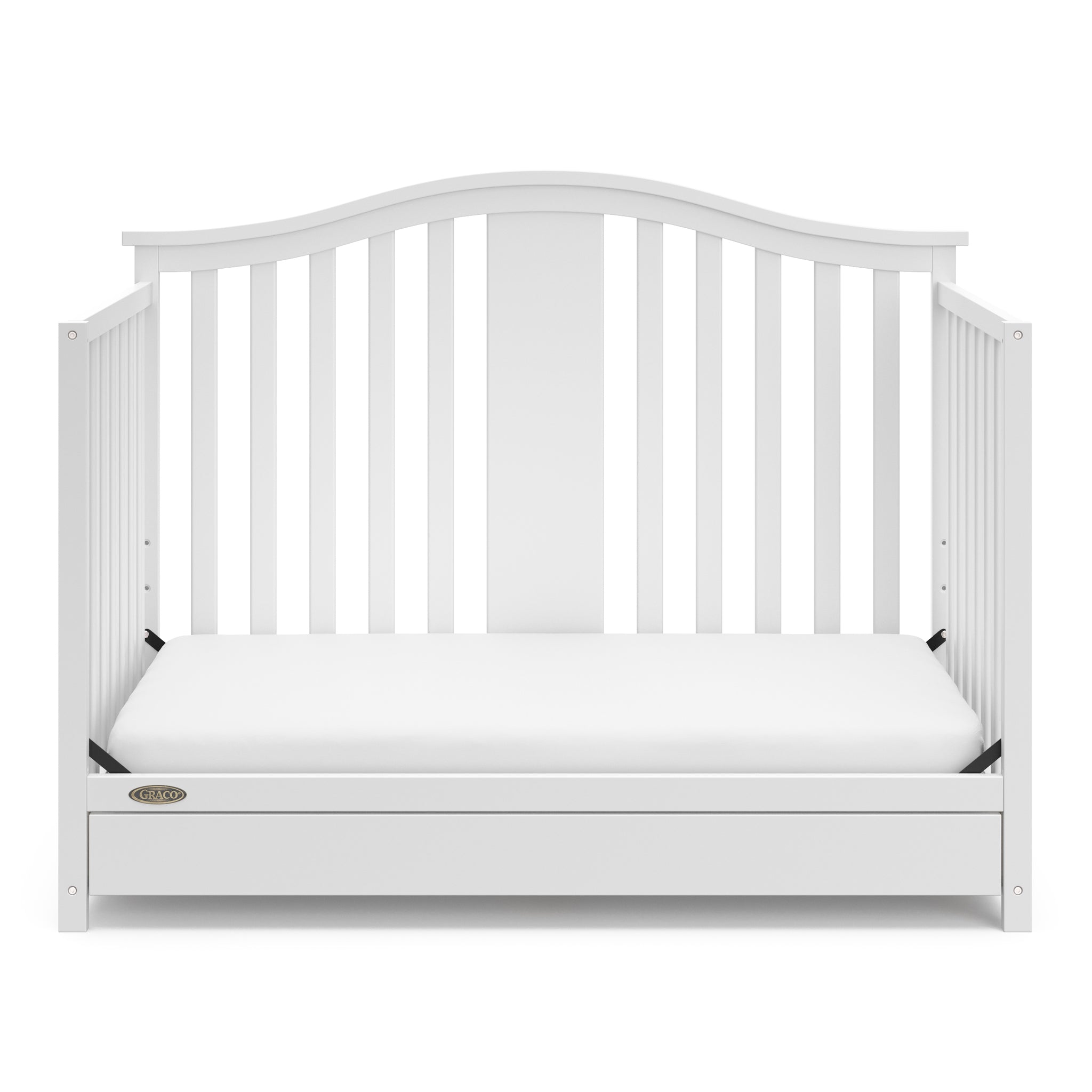 White crib with drawer in toddler bed conversion