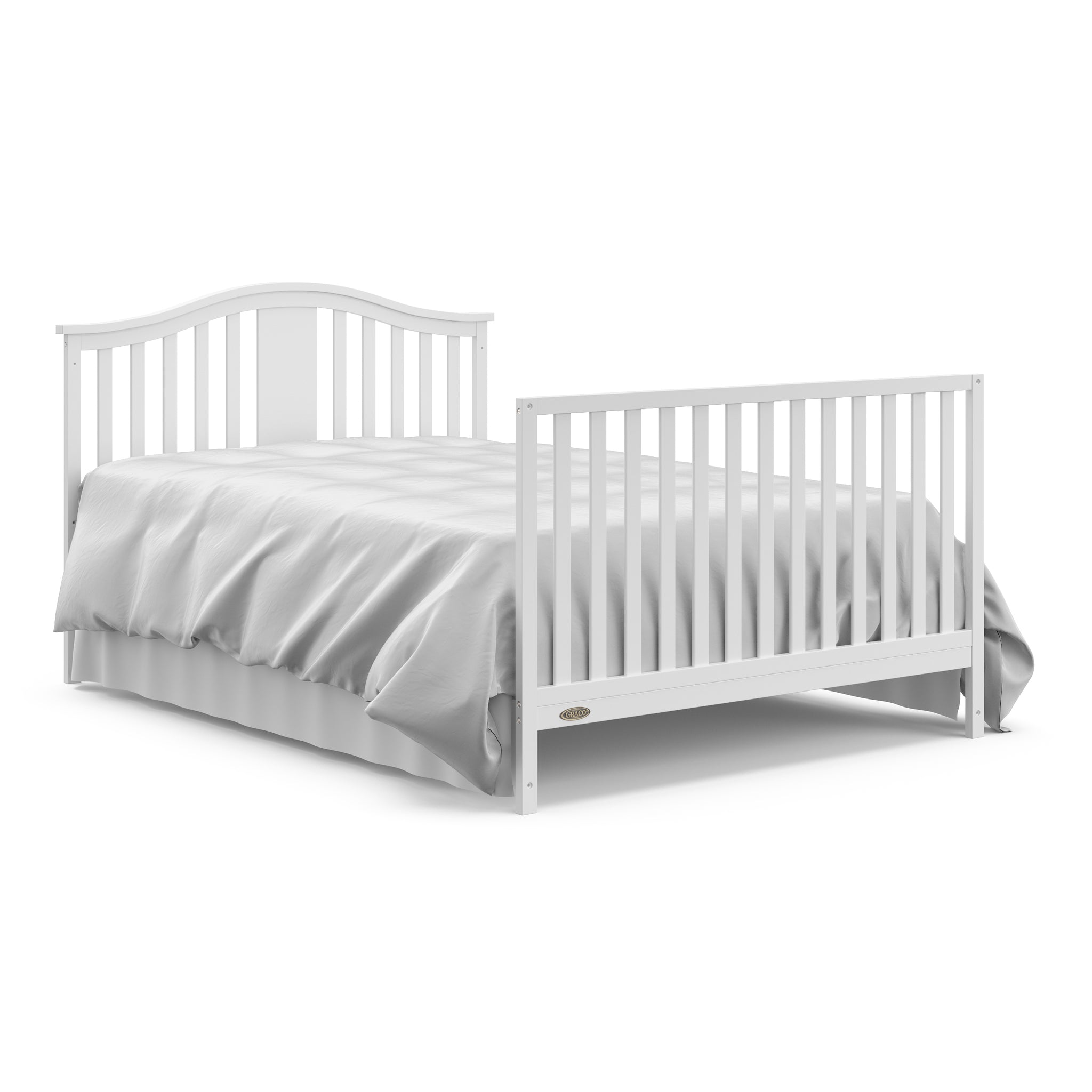 White crib with drawer in full-size bed with headboard and footboard conversion