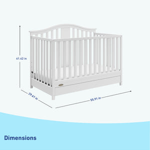 White crib with drawer dimensions graphic