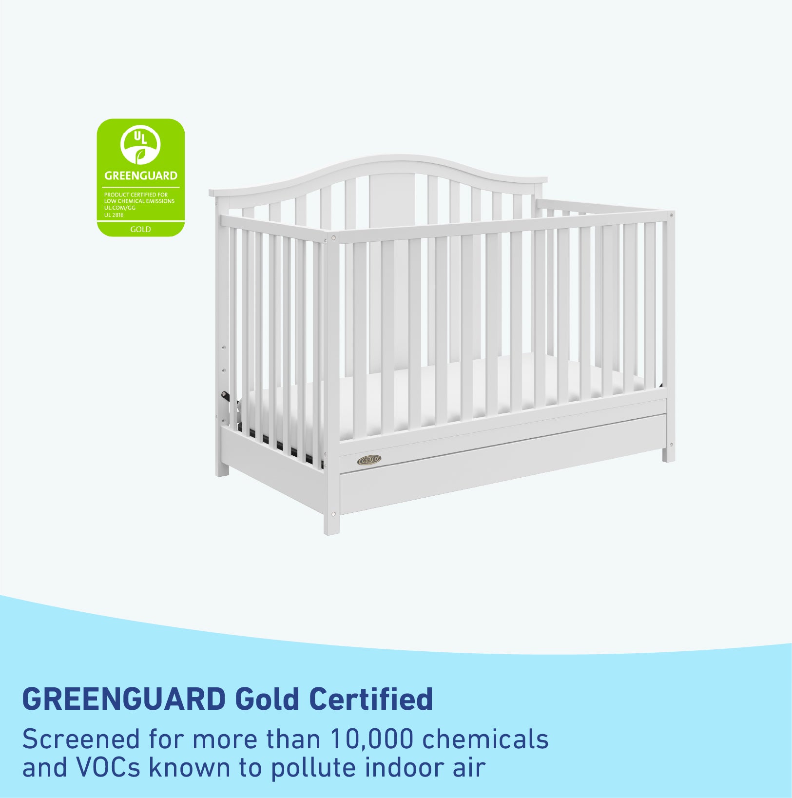 GREENGUARD Gold Certified white crib with drawer