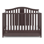 Front view of espresso crib with drawer