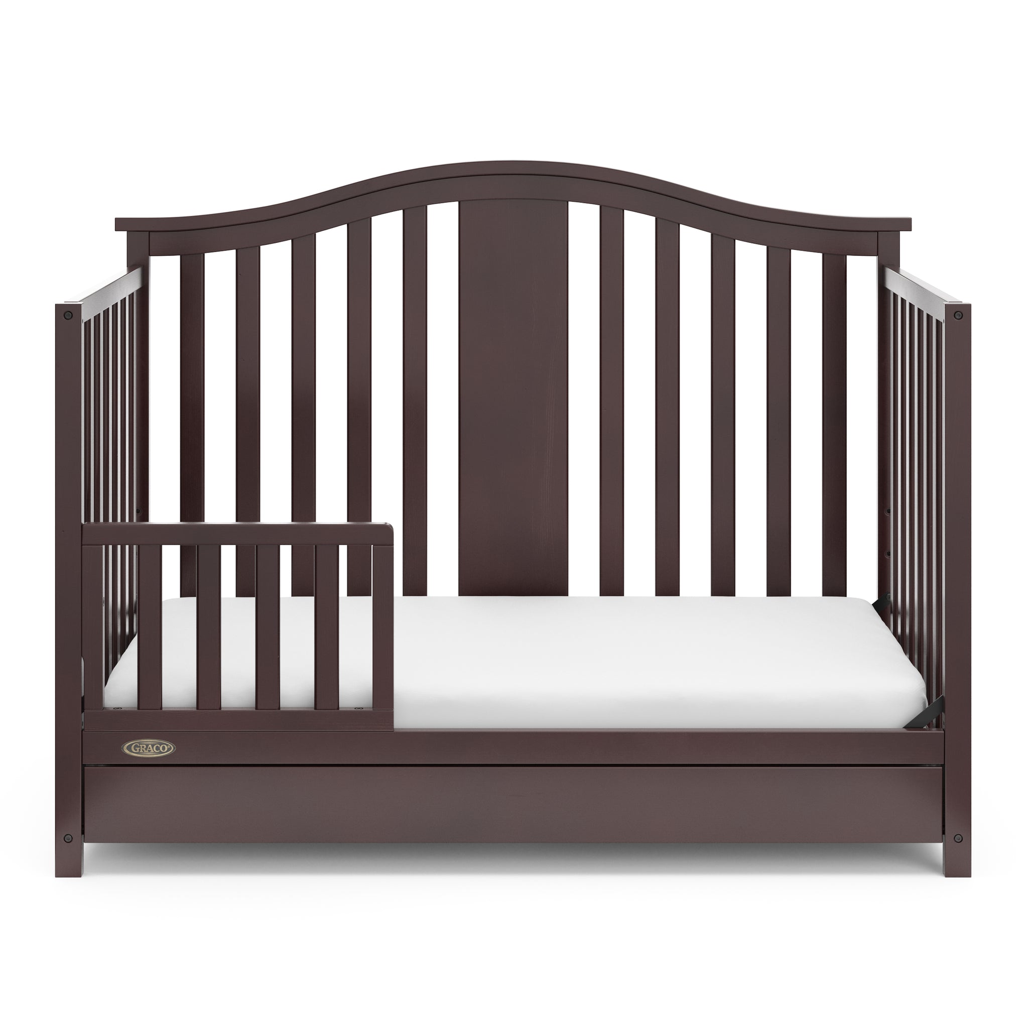 espresso crib with drawer in toddler bed conversion with one safety guardrail