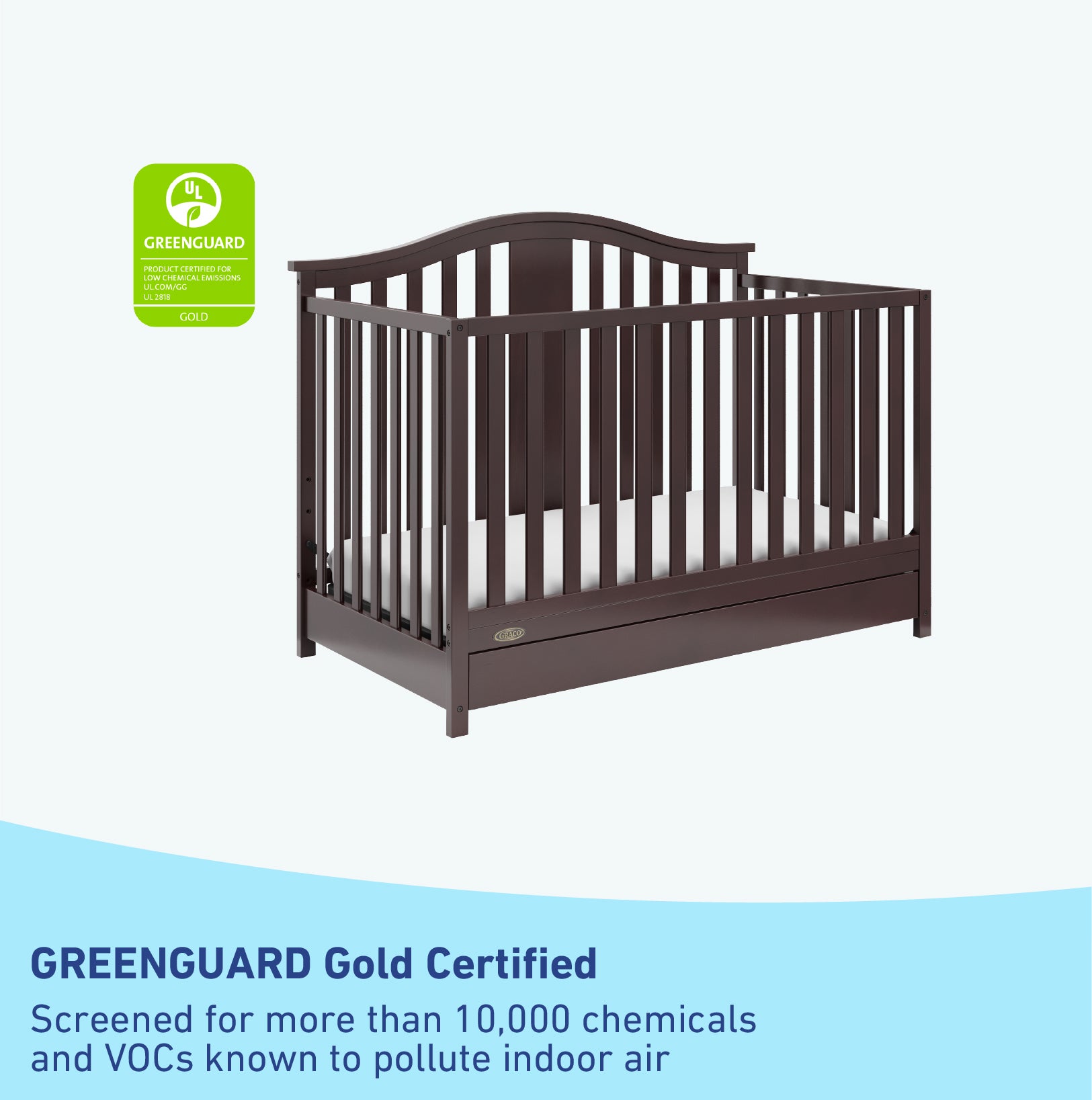 GREENGUARD Gold Certified espresso crib with drawer