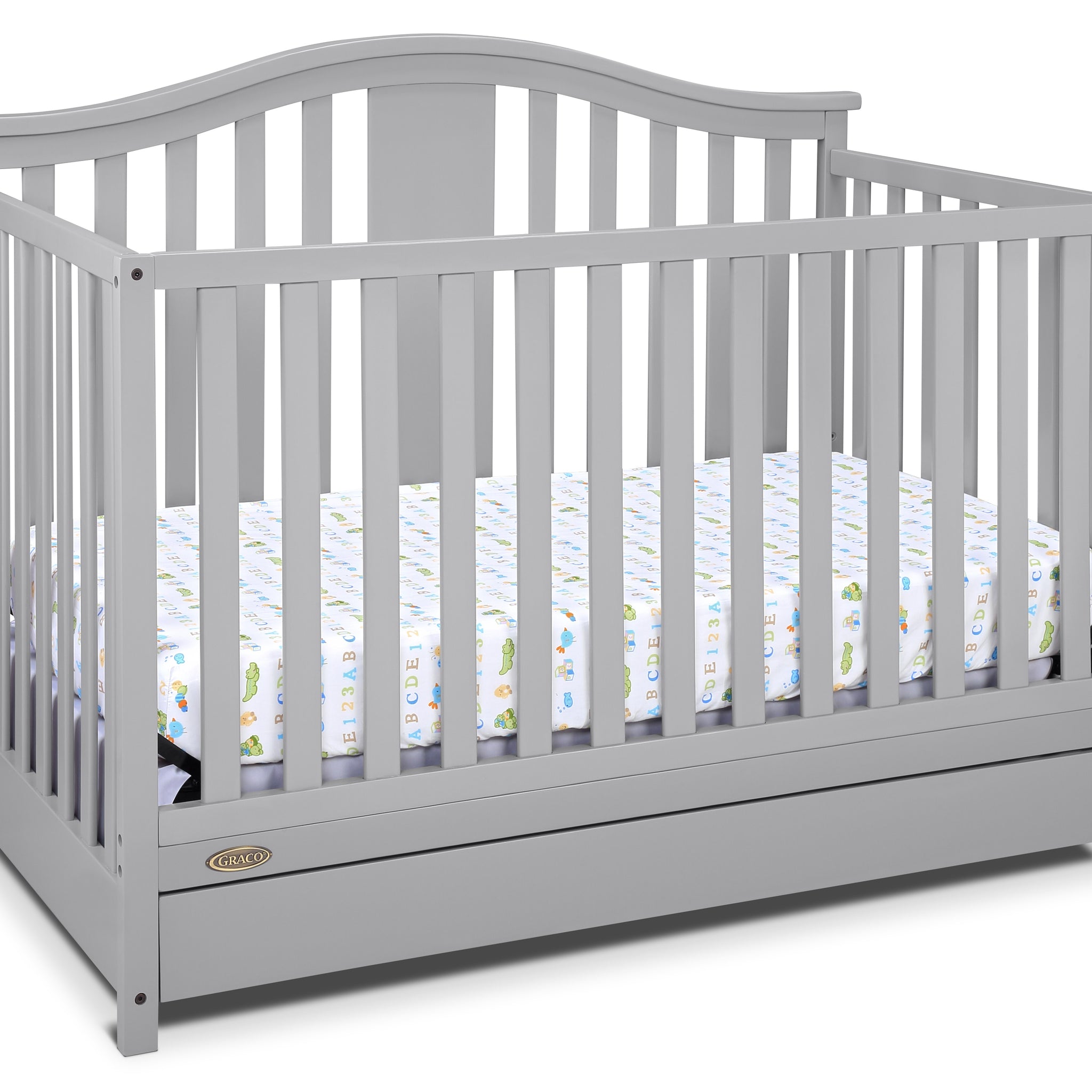 Pebble gray crib with drawer angled