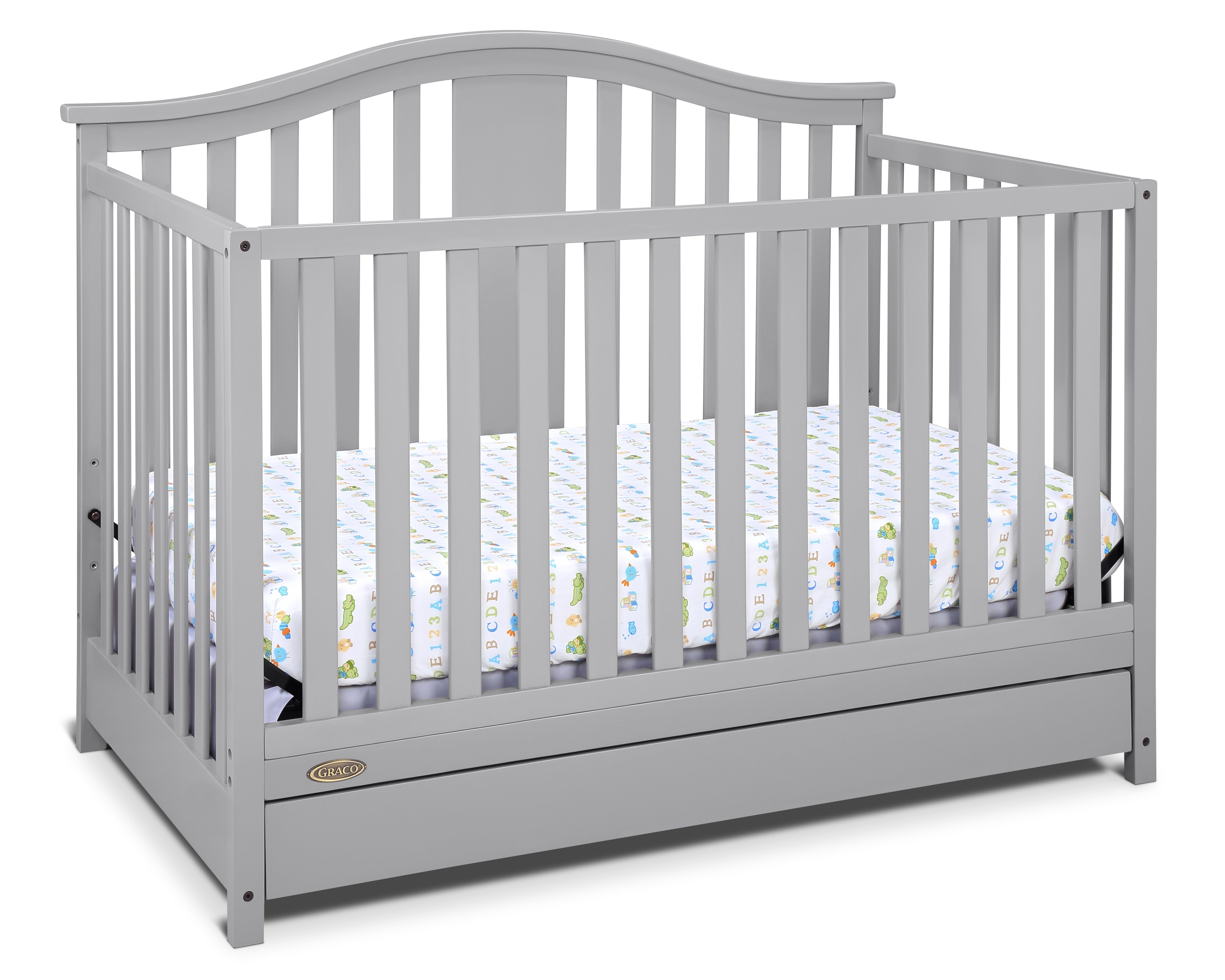 Pebble gray crib with drawer angled