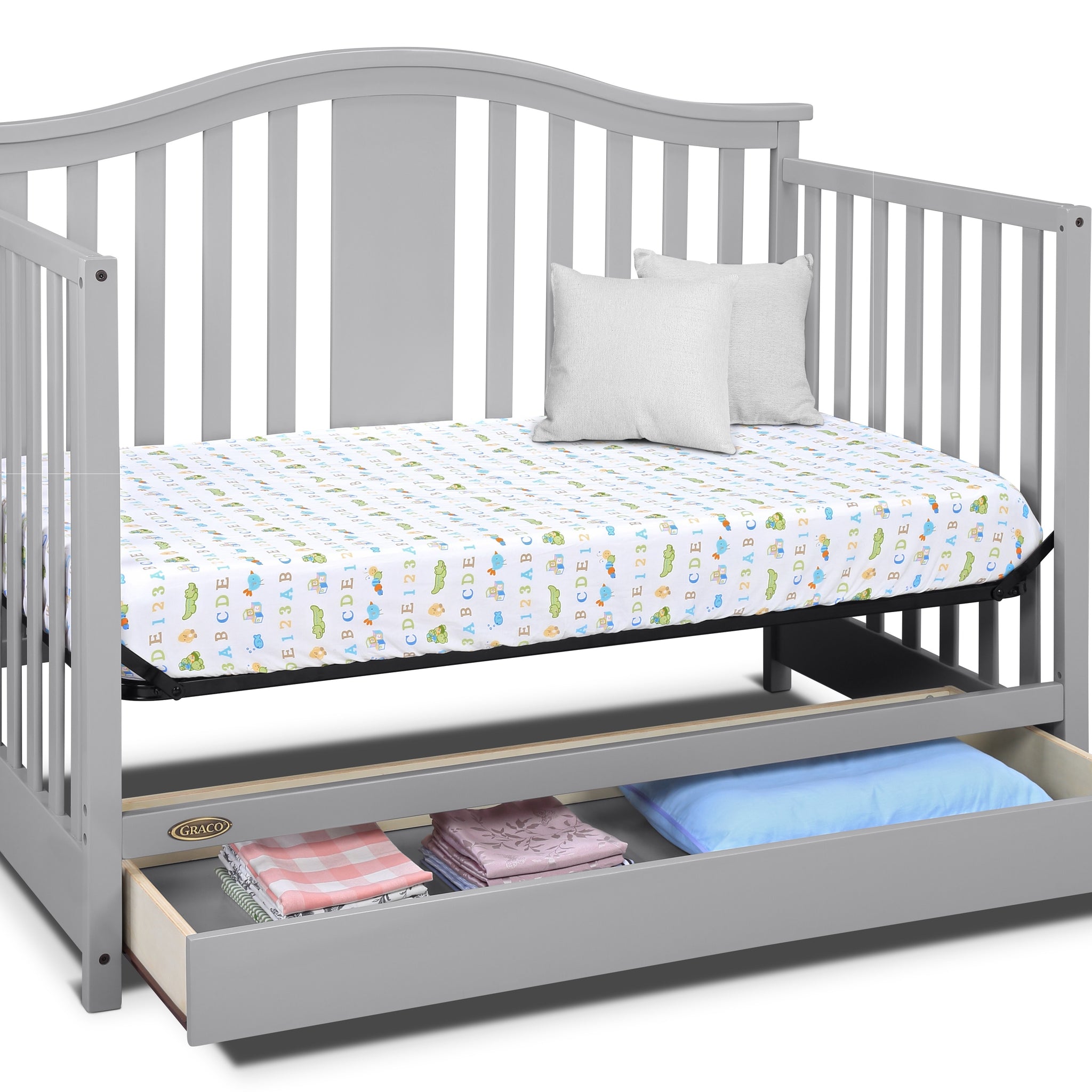 Pebble gray crib with drawer in daybed conversion