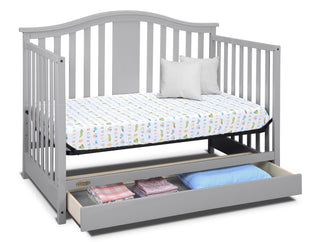 Pebble gray crib with drawer in daybed conversion