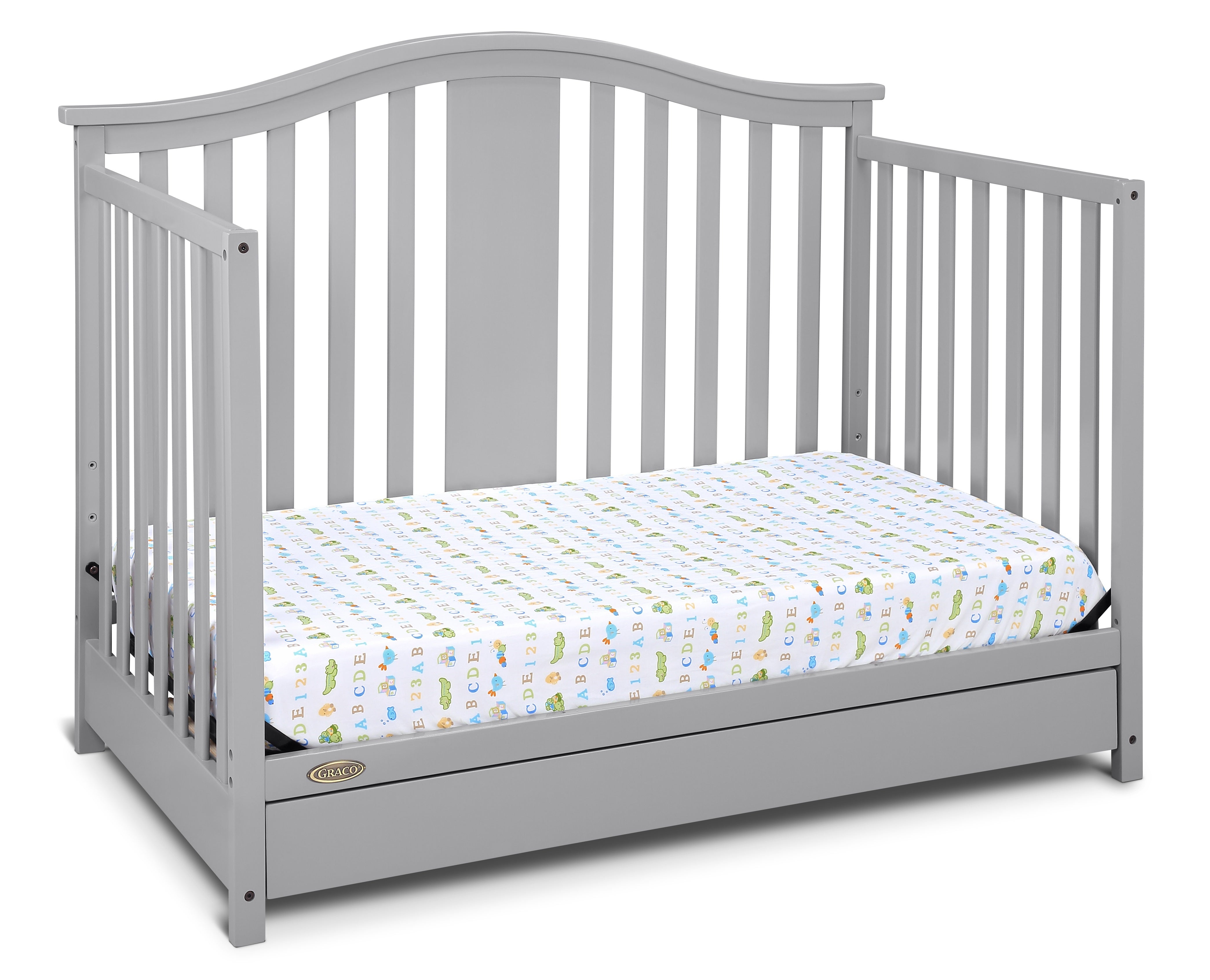 Pebble gray crib with drawer in toddler bed conversion