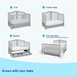 Pebble gray crib with drawer conversions graphic