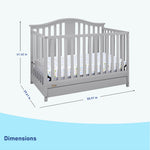 Pebble gray crib with drawer dimensions graphic