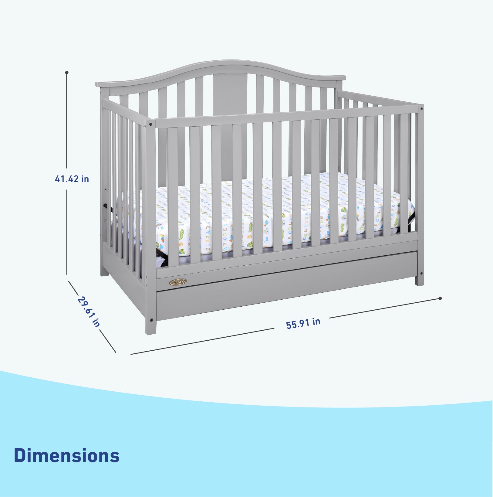 Pebble gray crib with drawer dimensions graphic