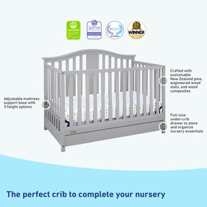 Pebble gray crib with drawer features graphic