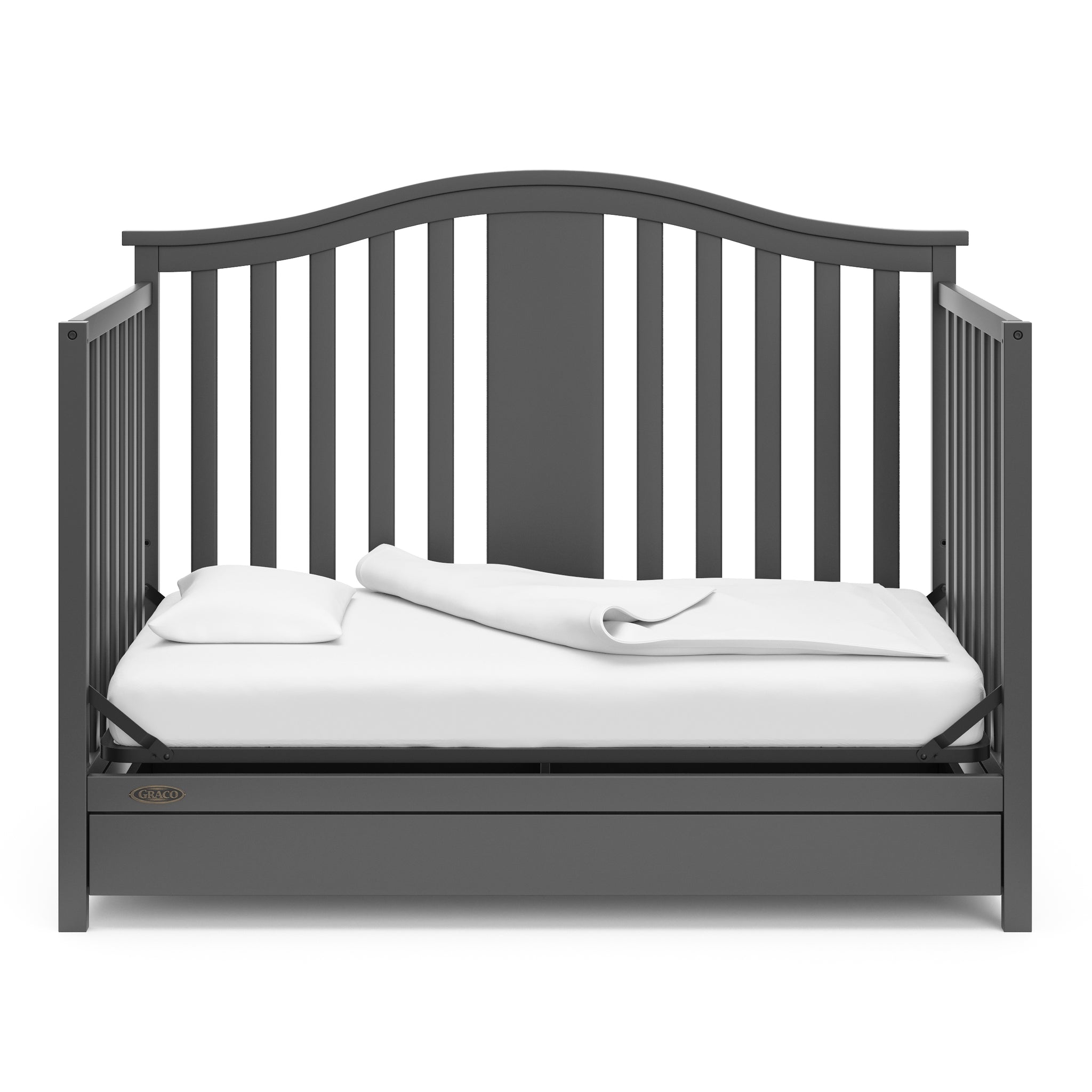 gray crib with drawer in daybed conversion