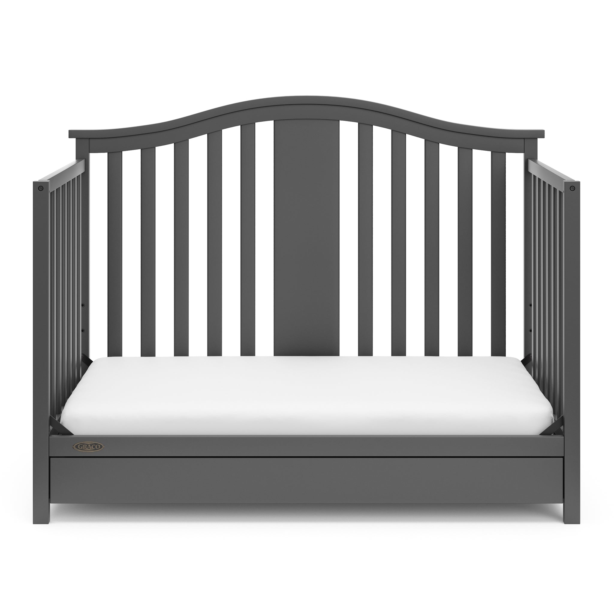 gray crib with drawer in toddler bed conversion