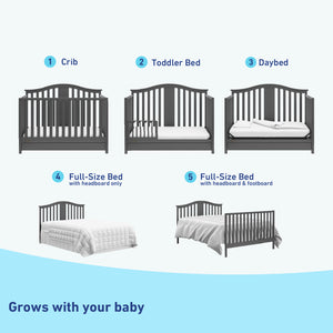 gray crib with drawer conversions graphic