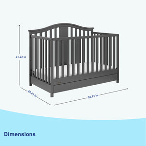 gray crib with drawer dimensions graphic