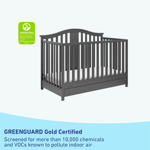 GREENGUARD Gold Certified gray crib with drawer