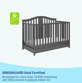 GREENGUARD Gold Certified gray crib with drawer