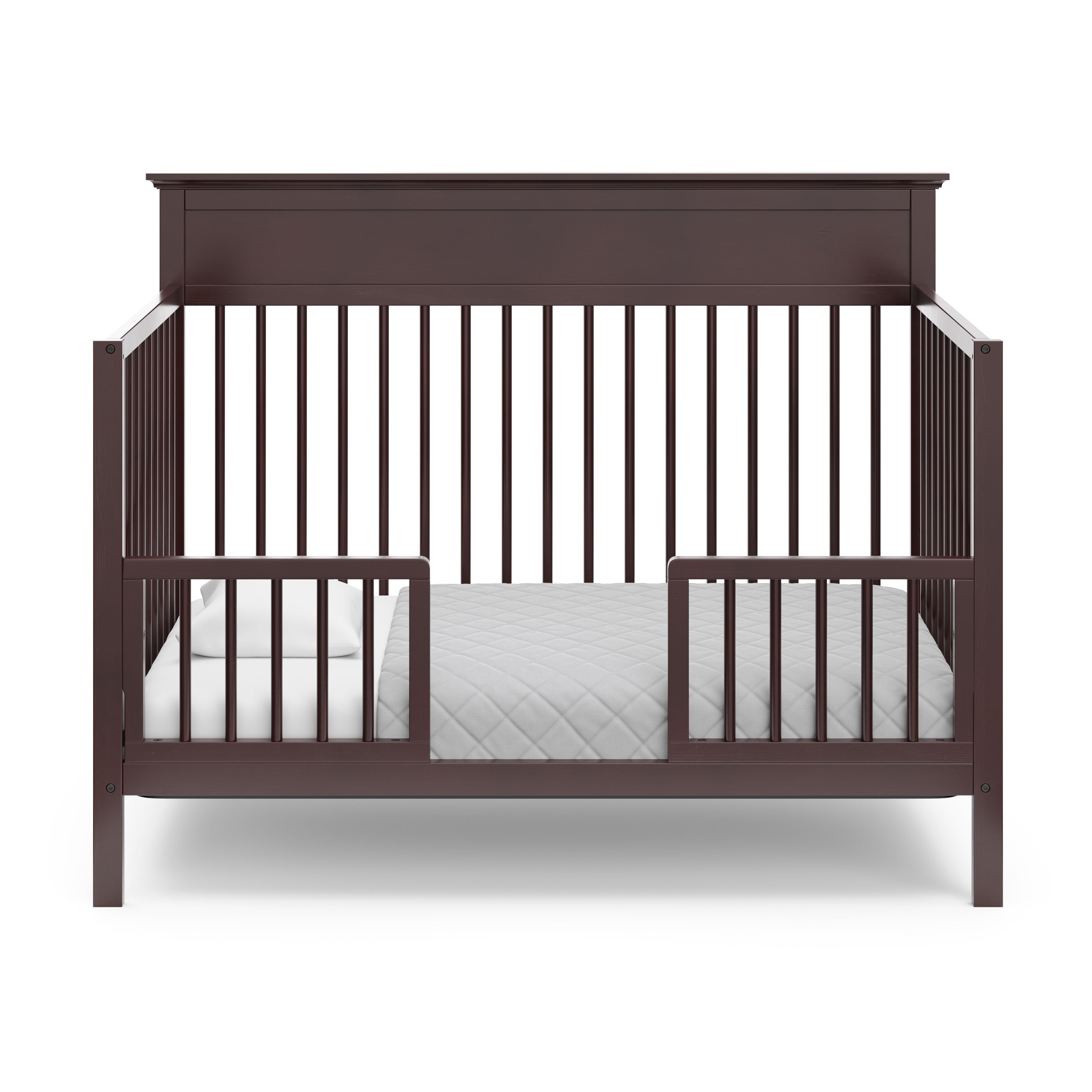 espresso crib in toddler bed conversion with two safety guardrails
