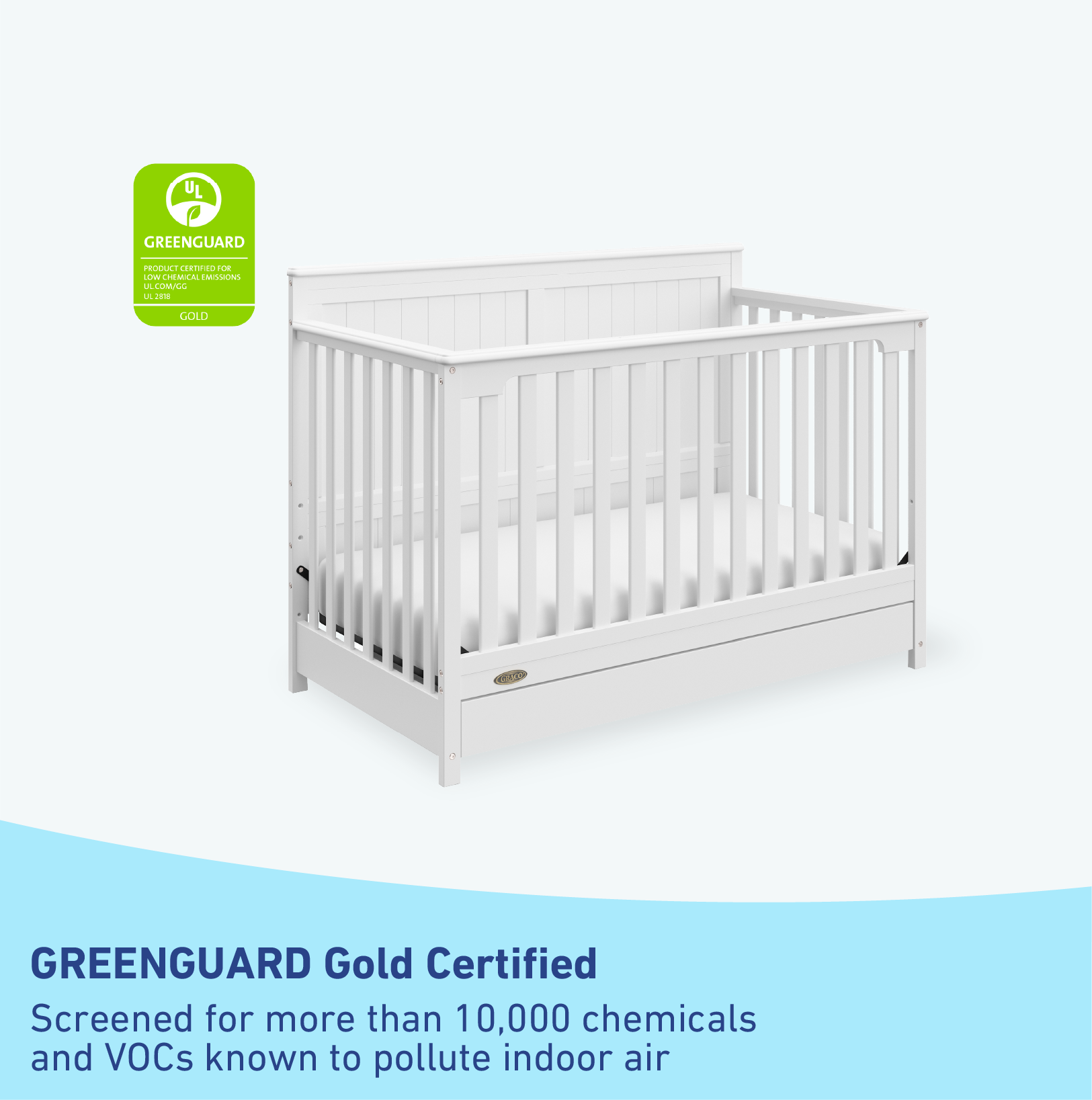 graphic of white crib with drawer certifications