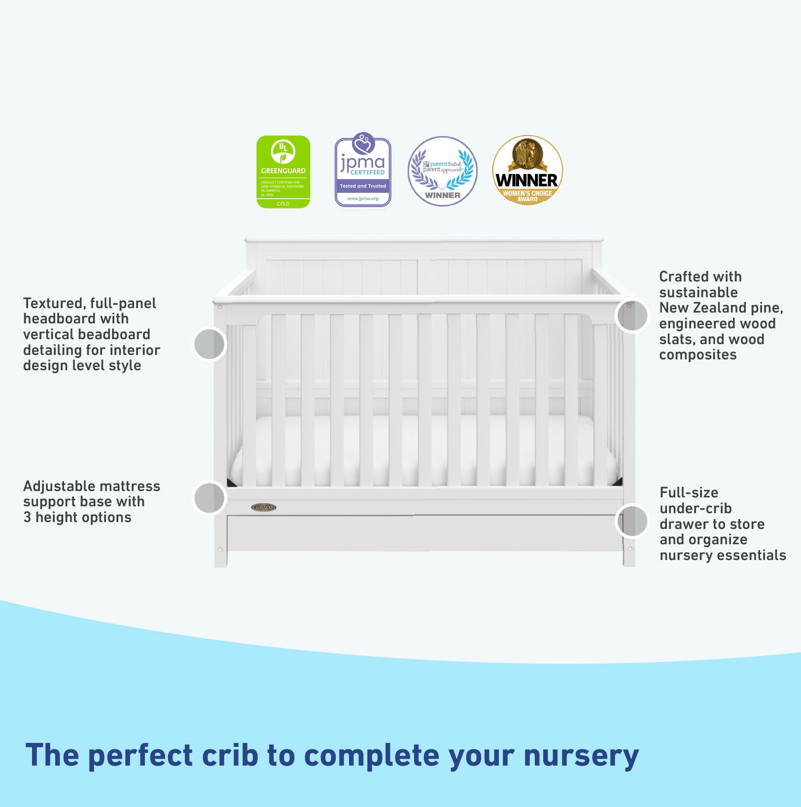 graphic of white crib with drawer's features
