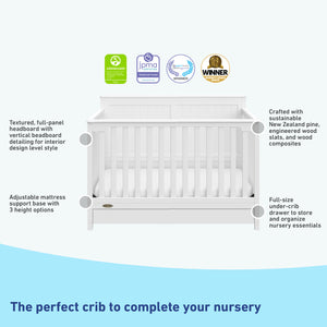 graphic of white crib with drawer's features