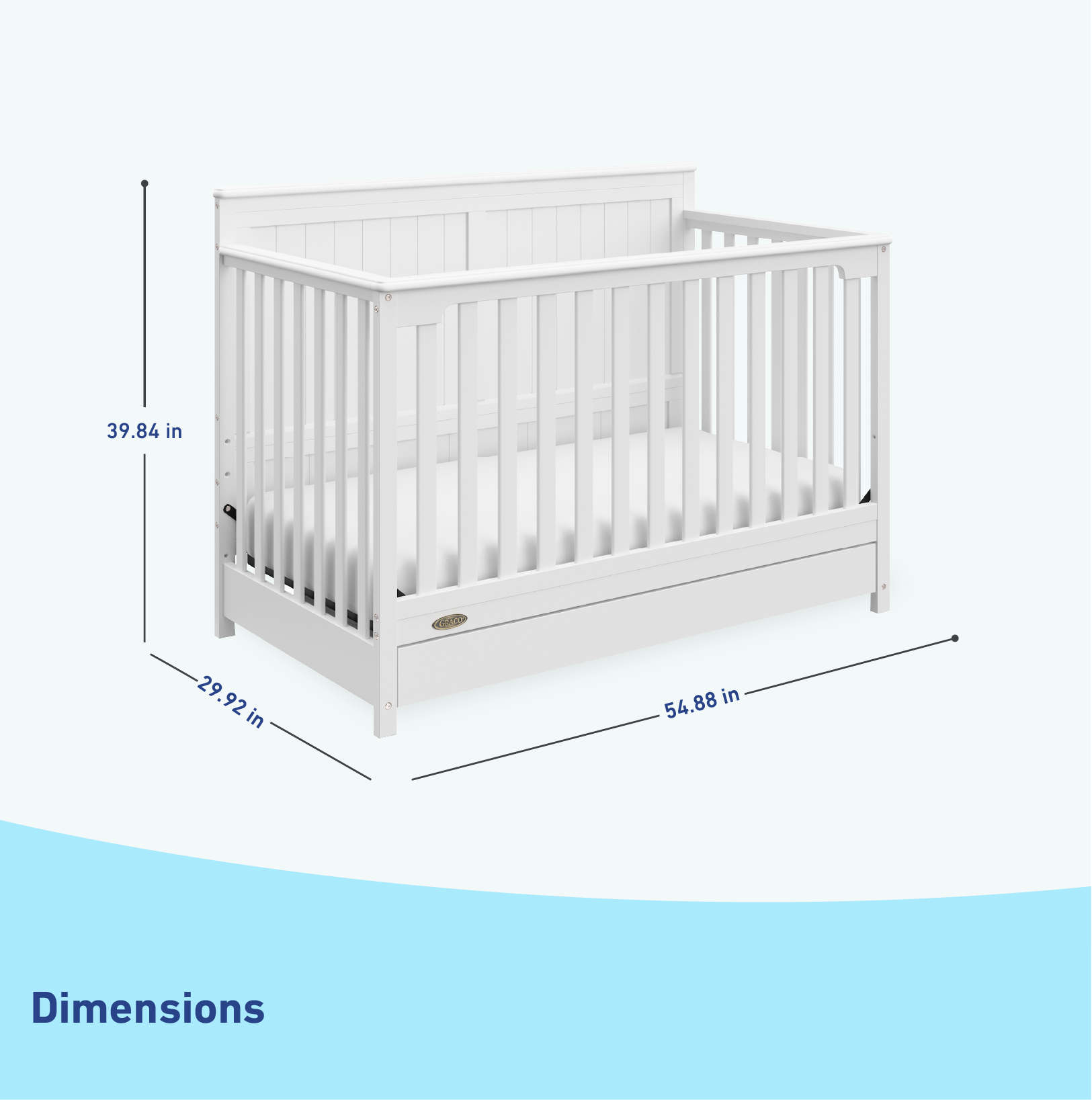 graphic of white crib with drawer dimensions
