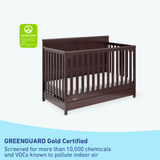 graphic of espresso crib with drawer certifications