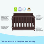 graphic of espresso crib with drawer's features